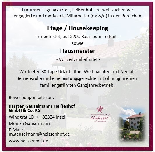 Etage/Housekeeping und Hausmeister Mitarbeiter (m/w/d) gesucht